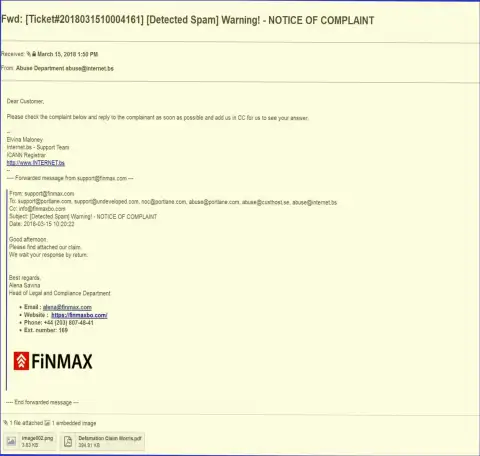 Похожая претензия на официальный интернет-ресурс Фин Макс пришла и регистратору доменного имени сайта